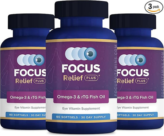 Focus Relief Plus Dry Eye Formula (270 ct. 90 Day Supply) Dry Eye Omega 3 Supplement - Dry Eye Relief Supplement - Omega 3 Fish Oil for Dry Eye