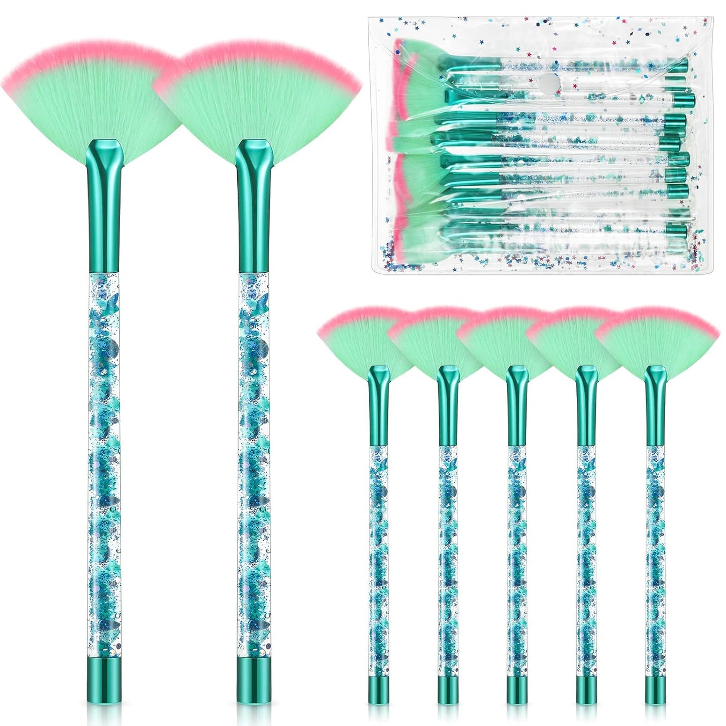 Nuenen 12 Pcs Soft Fan Facial Brushes Mask Acid Applicator Brush for Mud Cream Blush Makeup Peel Glycolic Multi Use Cosmetic Tools with Glitter Quicksand Handle and Pouch(Green)