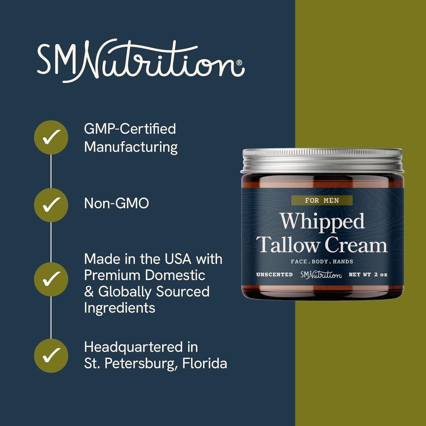 Whipped Beef Tallow Cream for Men | Face & Body | Beef Tallow for Skin Health & Barrier Support | Unscented | Whipped Men’s Moisturizer Cream with Beeswax | Grass-Fed, Cruelty-Free & Non-GMO | 2 oz