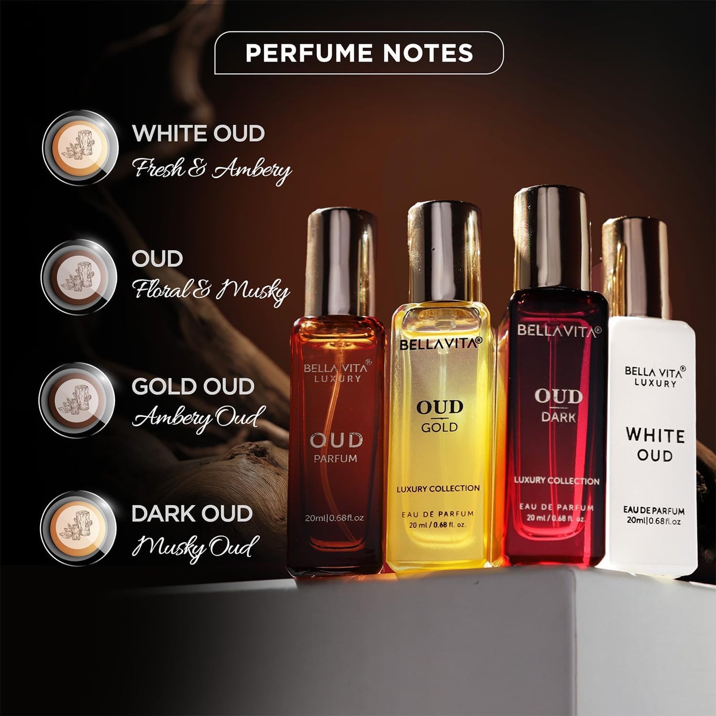 BellaVita Luxury OUD Experience Gift Set (4x20ml) – Premium Arabic Unisex Perfumes | Includes Gold, Dark & White OUD | Notes of Caramel, Orris, Vetiver & Citrus