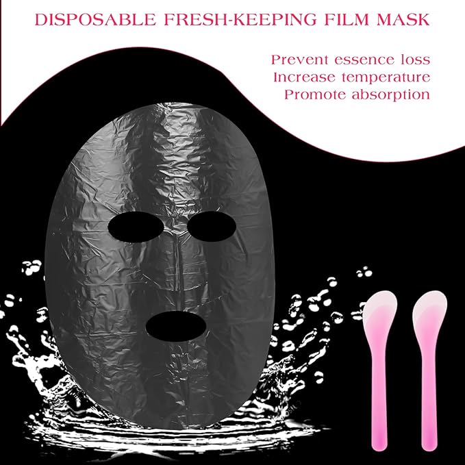 200 Sheets Plastic Face Mask, Disposable Face Mask Facial Mask Set Spatula Transparent Moisturizing Face Mask Disposable Face Thin Facial Plastic Wrap Retention for Skin Care & DIY Spa Mask