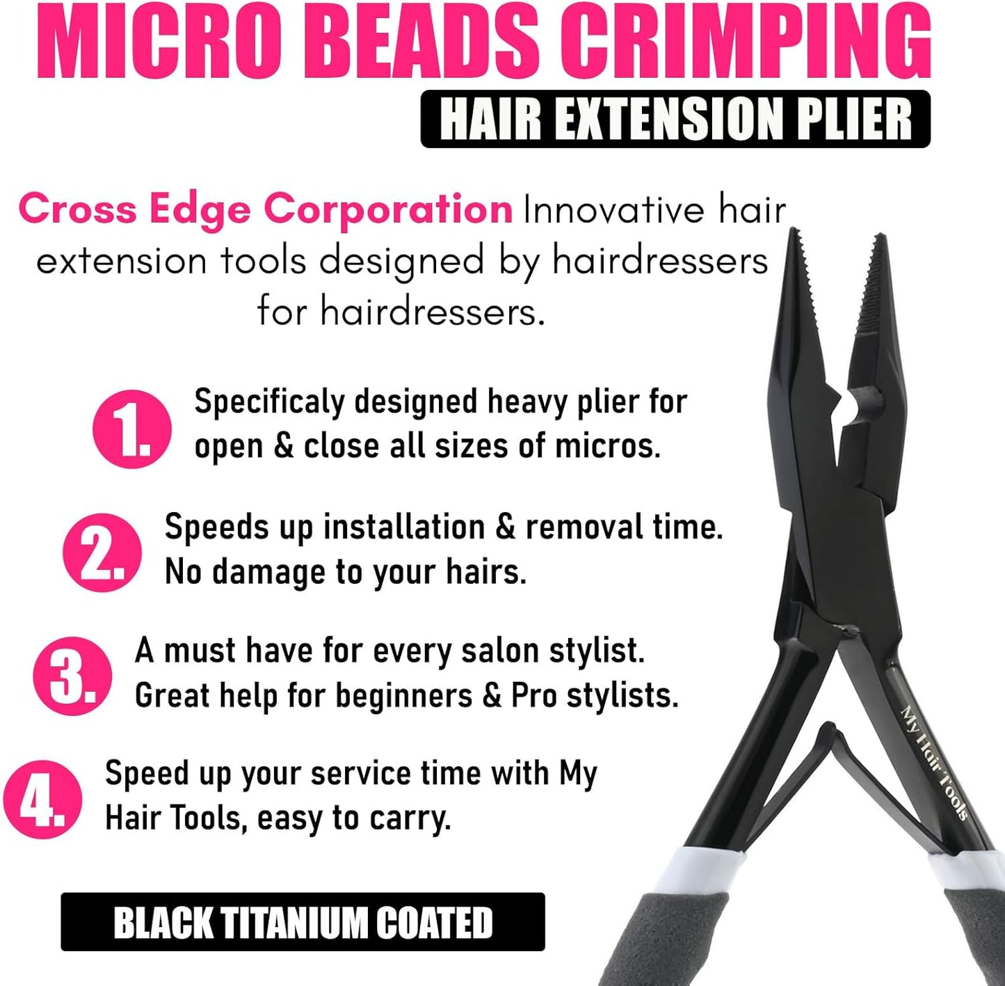 Professional Hair Extension Tools Microlink Bead Remover Plier for Hair Extensions Removal Micro Ring Beads Opener 5.5 Inch Pliers Silver Polish Stainless Steel (Black Gray Foam Applicator)