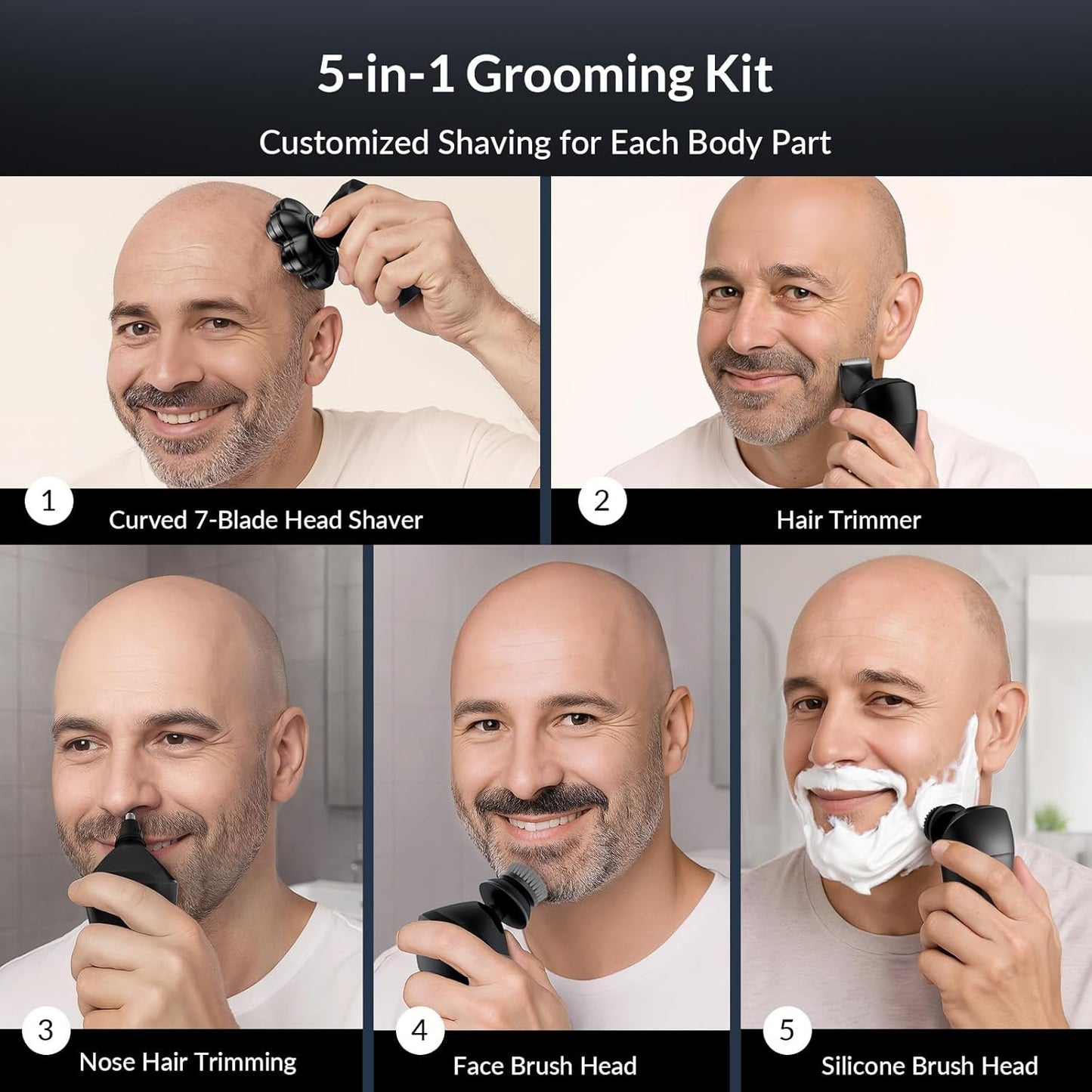 Head Shavers for Bald Men - 7D Arc Magnetic Detachable Electric Razor, Waterproof Wet Dry 5-in-1 Electric Shaving & Grooming Kit, LED Display Rechargeable Head & Body Hair Shaver, Black