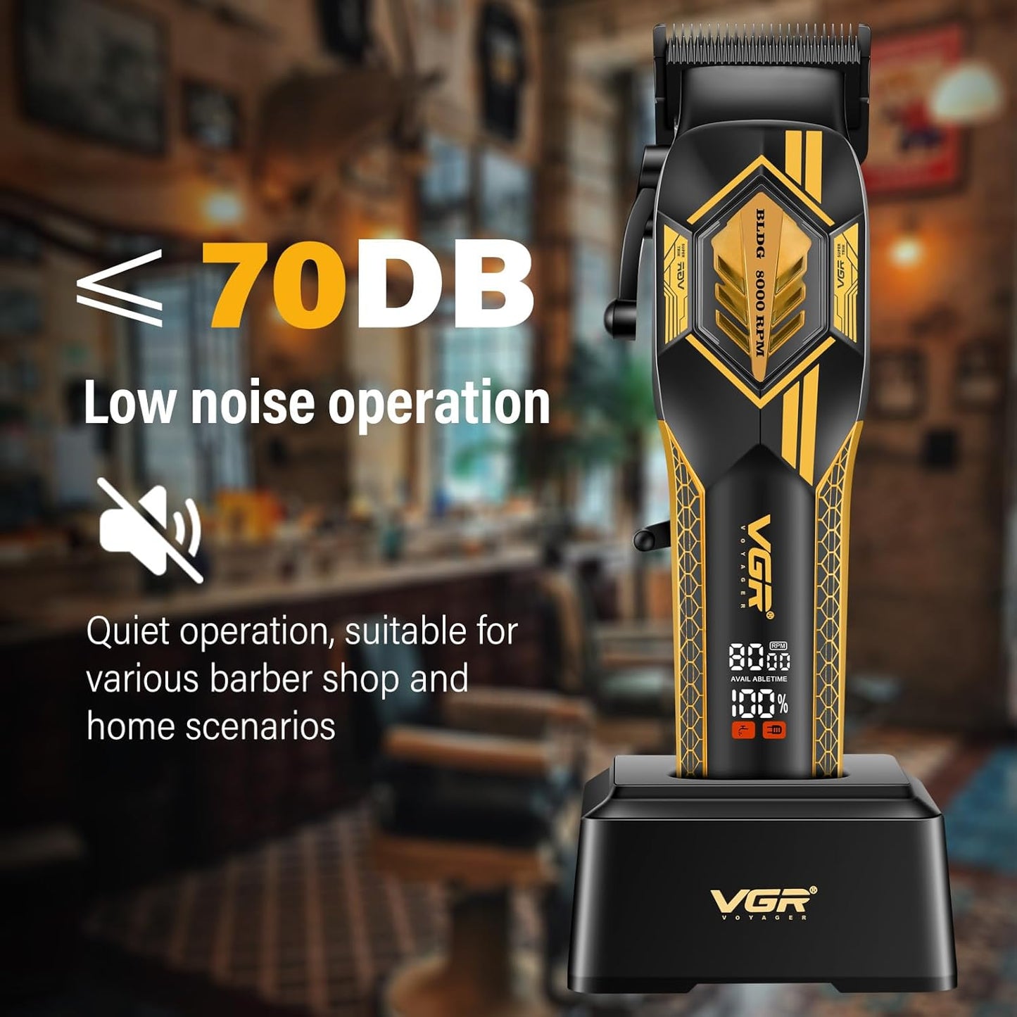 VGR 119 Professional Cordless Hair Clippers for Men, Rechargeable Barber Clippers with Base, Lithium-ion Battery Hair Cutting Machine with BLDC Motor and Ceramic Blades for Home and Barber, Gold