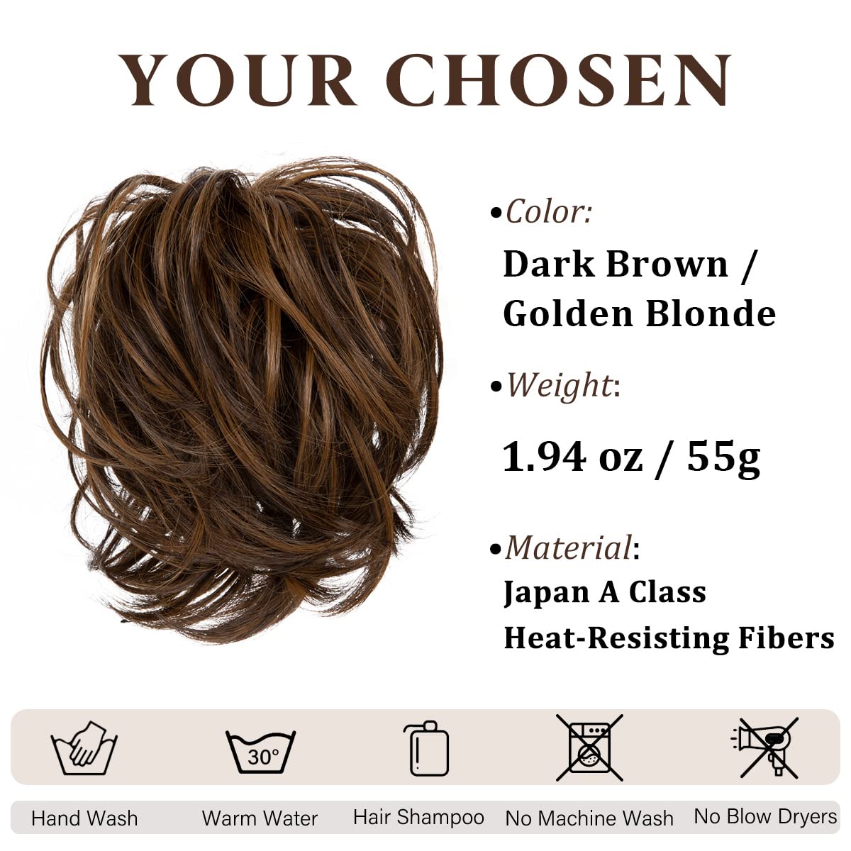 CJL HAIR Large Messy Bun Hair Piece Wavy Curly Scrunchies Synthetic Chignon Ponytail Hair Extensions Thick Updo Hairpieces for Women Dark Brown/Golden Blonde