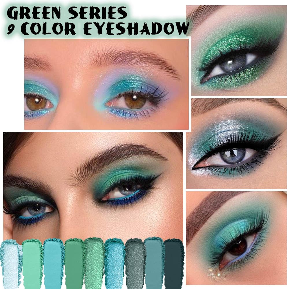 evpct 9 Colors Green Eyeshadow Palette, Light Bright Emerald Dark Teal Green Glitter Metallic Shimmer Sparkly Eye Shadow Eyeshadow Palette Makeup for Older Women Blue Eyes, Highly Pigmented Waterproof