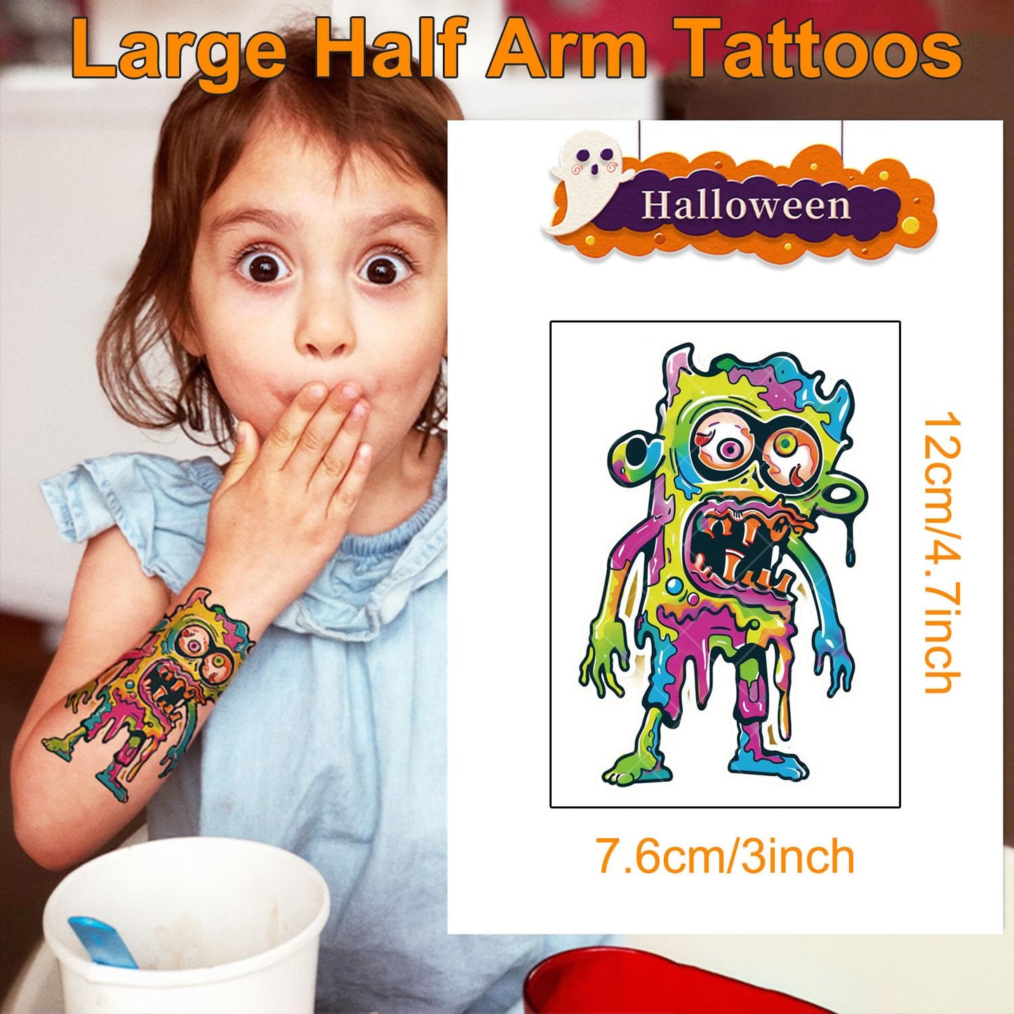 Halloween Tattoos for Kids Halloween Party Favors, 24 Sheets Large Halloween Half Arm Temporary Tattoos for Kids, Large Tattoos Sticker For Kids Boys Girls Halloween Party Gift Bags Stuffers