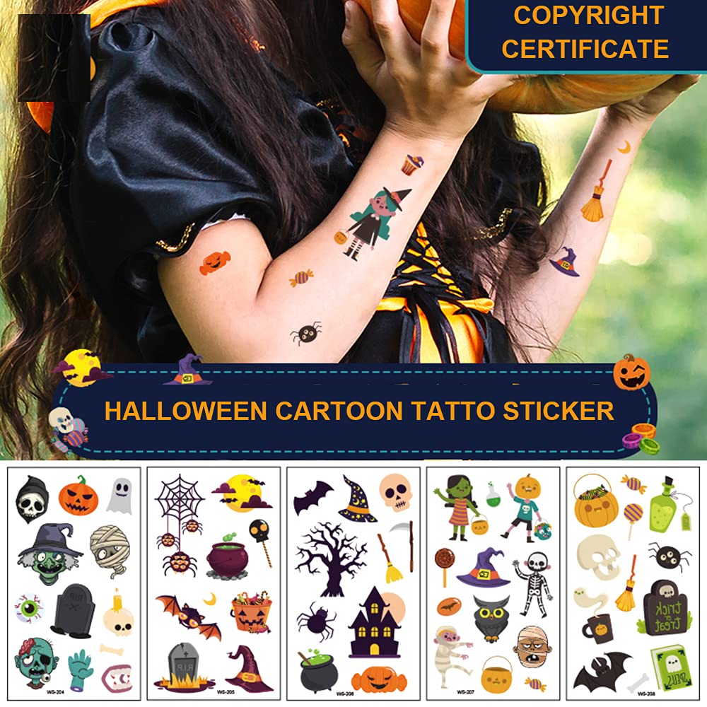 Halloween Temporary Tattoos for Kids, 120 PCS Halloween Prizes Assorted Goodies Party Favor Gifts for Boys Girls Bag Stuffers, Cartoon Pumpkin Witch Fake Tattoo Stickers Decorations Face Makeup Adults