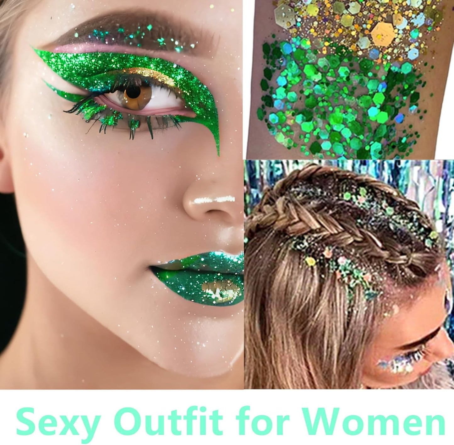 Go Ho Green Face Body Glitter,St Patricks Day Face Glitter Makeup,Green Face Paint Holographic Chunky Sequins Glitters for Eye Lip Hair Nails,Festival Rave Accessories,52g