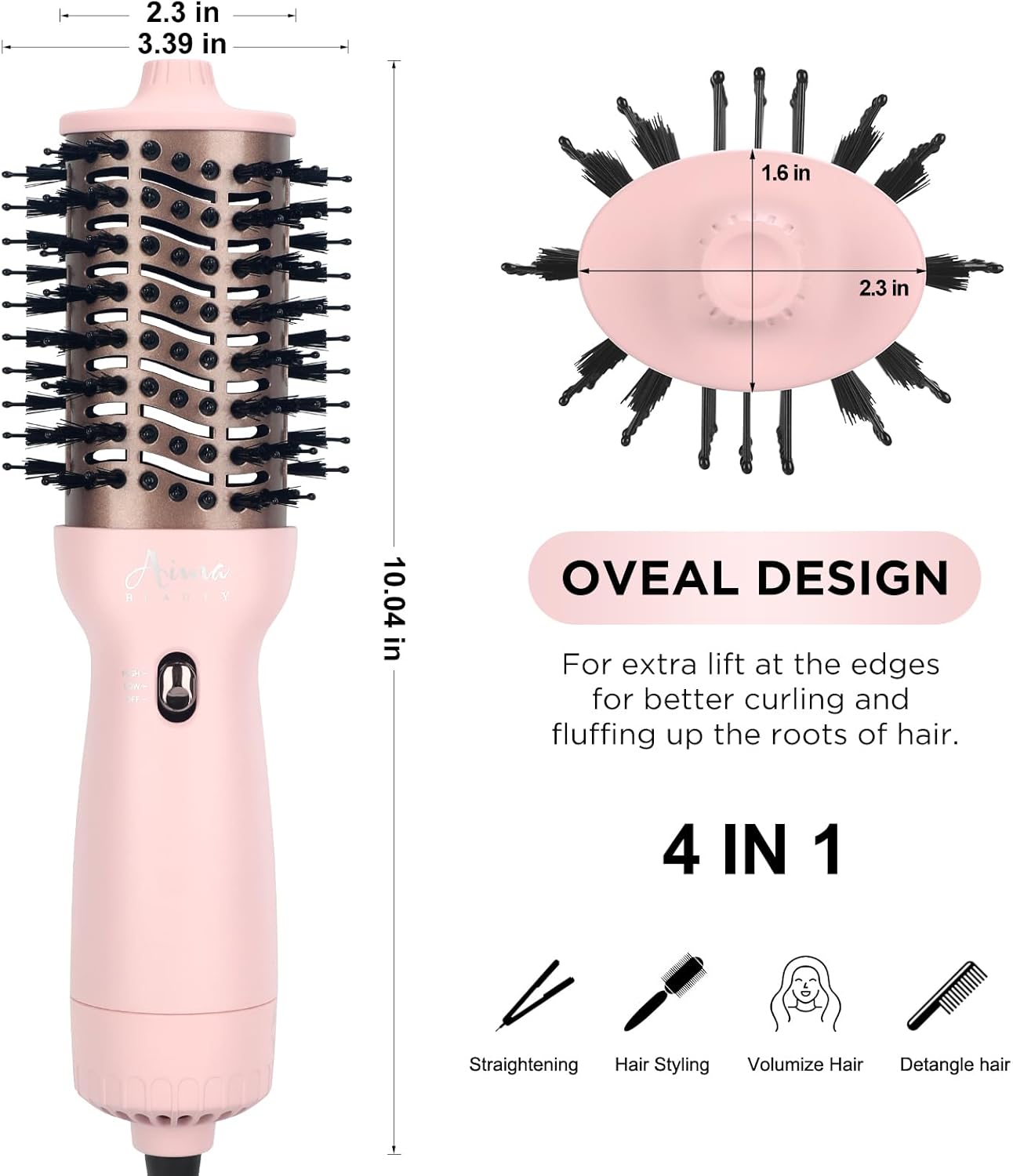 Aima Beauty Worldwide Travel Hair Dryer Brush 110V-240V Dual Voltage Blow Dryer Brush Hot Air Brush with Oval Barrel 360° Hot Airflow, Negative Ionic Frizz-Free Drying/Straightening/Voluming, Pink