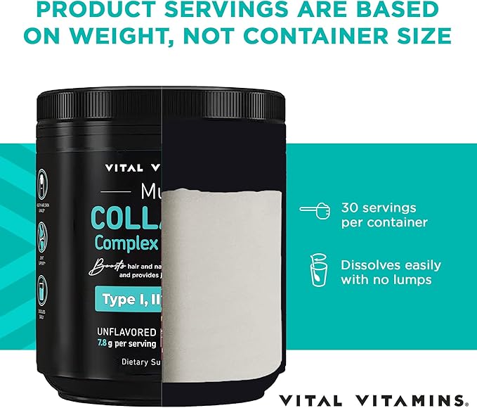 Vital Vitamins Multi Collagen Peptides Powder - Unflavored, Easy to Dissolve - Type I, II, III, V, X - for Women & Men - Promotes Hair, Skin, Nails, & Joint Health - 30 Servings