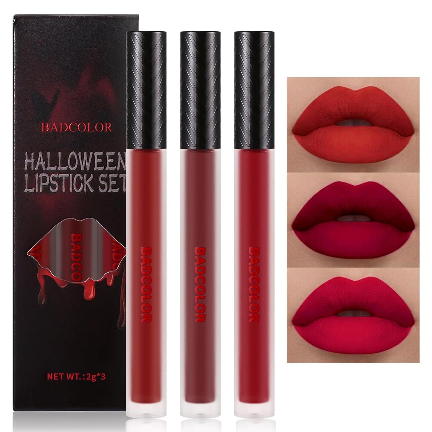 3 Colors Red Matte Liquid Lipstick Set, Burgundy Ruby Red Lip Gloss for Women, Vampy Halloween Makeup, High Impact Long Lasting Lip Stain, Nonstick Cup Smudge Proof & Waterproof Velvet Lip Tint