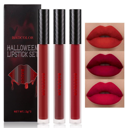3 Colors Red Matte Liquid Lipstick Set, Burgundy Ruby Red Lip Gloss for Women, Vampy Halloween Makeup, High Impact Long Lasting Lip Stain, Nonstick Cup Smudge Proof & Waterproof Velvet Lip Tint