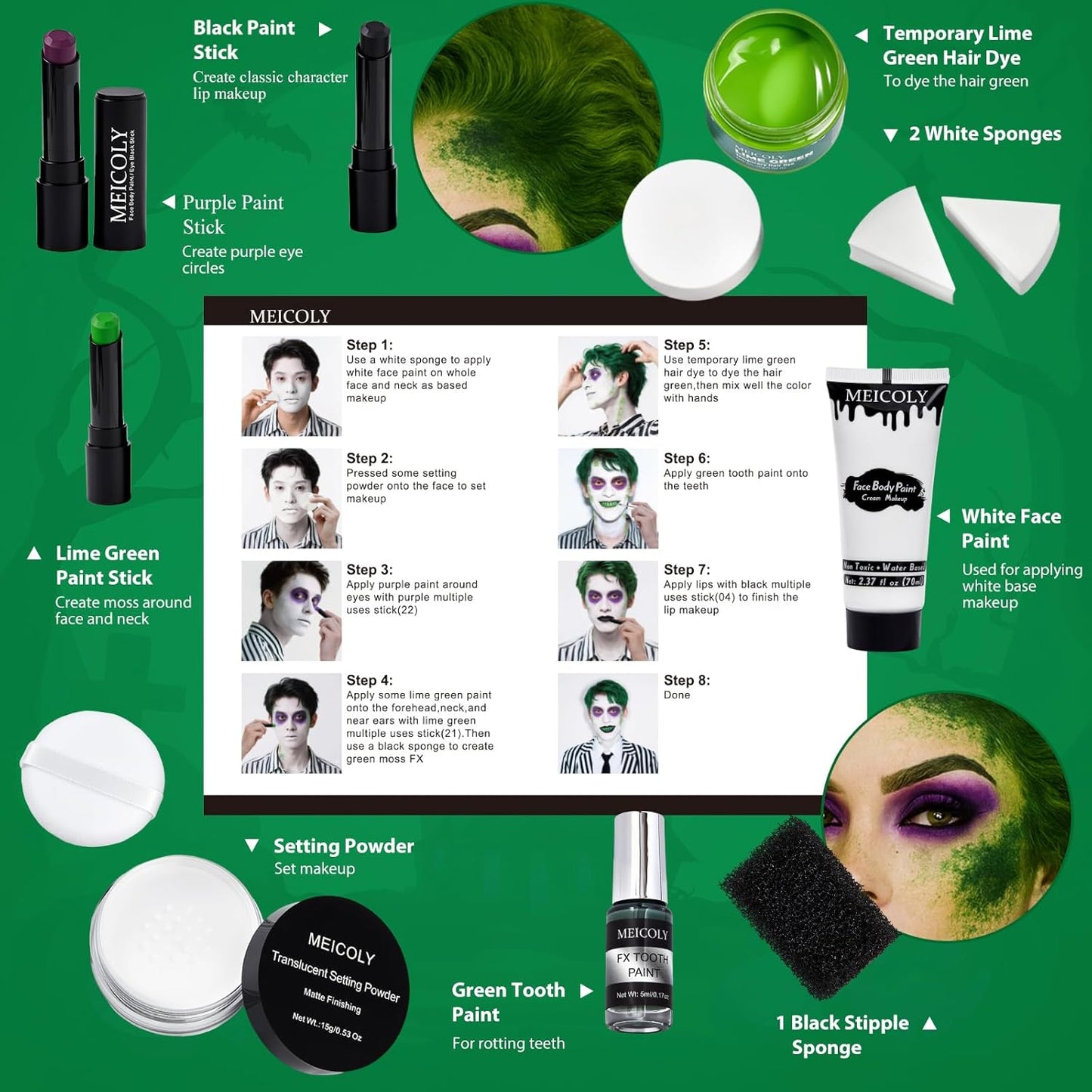 MEICOLY Disgust Specter Makeup Kit,White Face Paint,Green Hair Dye,Setting Powder,Green Tooth Paint,Complete Halloween Zombie Makeup Kit,SFX Character Set for Performance Stage Special Effect Costume