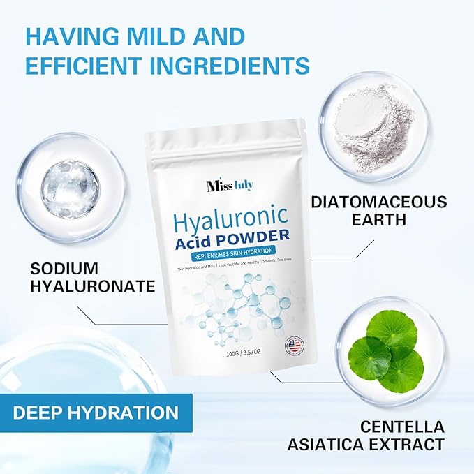 New Hyaluronic Acid Powder for Deep Hydration, Improve Skin Texture | Vegan, Water Soluble | 100G