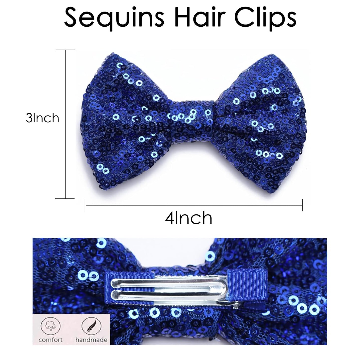 KISZU 4 Inch Sequin Glitter Hair Bows Clips, Sparkling Bling Little Bow HairPins Hair Accessories for Baby Girls Kids Children Teens and Women (Deep Blue)