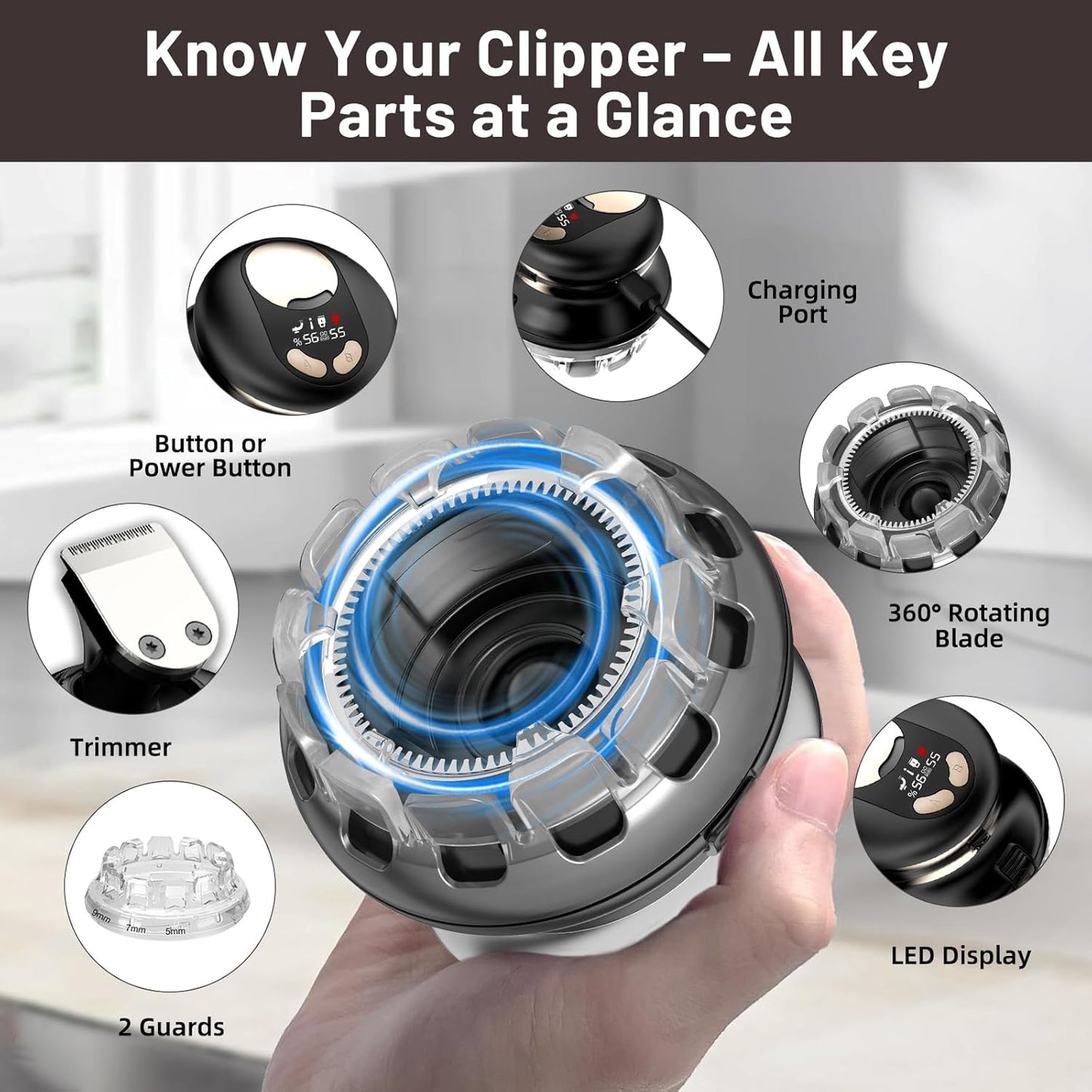 Self Haircut Kit for Men with Trimmer – DIY Clipper for Buzz Cut, Crew Cut, Flat Top – LED Display, Waterproof, USB Rechargeable, Home Use with 2 Guards