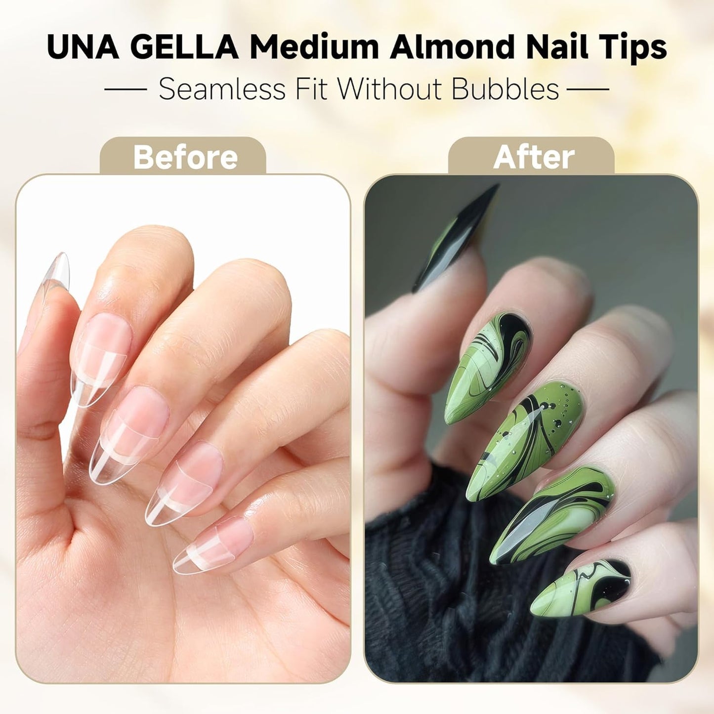 UNA GELLA Gel Nail Tips Almond Shape: 504pcs Medium Almond Nail Tips Half Cover Upgrade Soft Gel Matte Design for DIY Press On Nails Acrylic False Nails Tips 12 Sizes