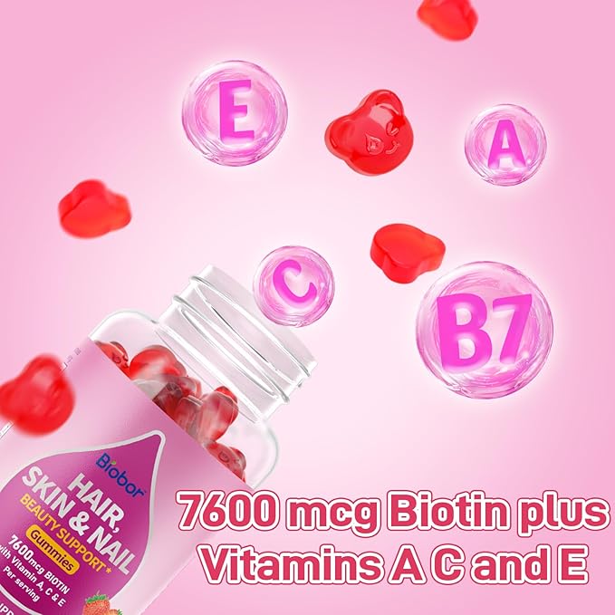 Natural Hair Skin and Nails Vitamins Gummies, 7600mcg Biotin Gummies with Vitamins A C E for Women Men Beauty Support Supplement, GMO Free, Gluten Free (Strawberry Flavor, 60 Count)