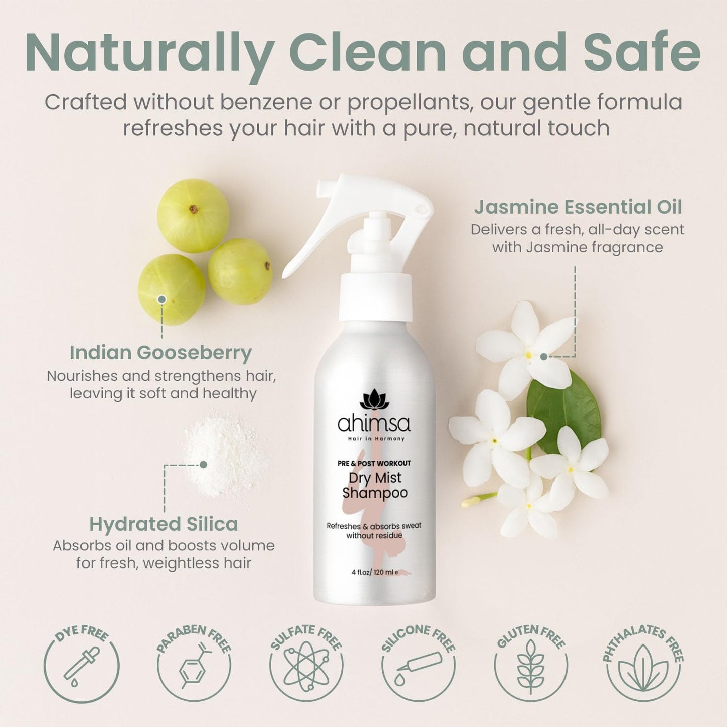 Ahimsa Dry Shampoo Mist Spray 120ml - Non-Aerosol Post-Workout Dry Shampoo Spray for Women Natural No White Residue, Volumizing Refreshing Hair Care, Effectively Absorbs Oil and Sweat, Jasmine Aroma