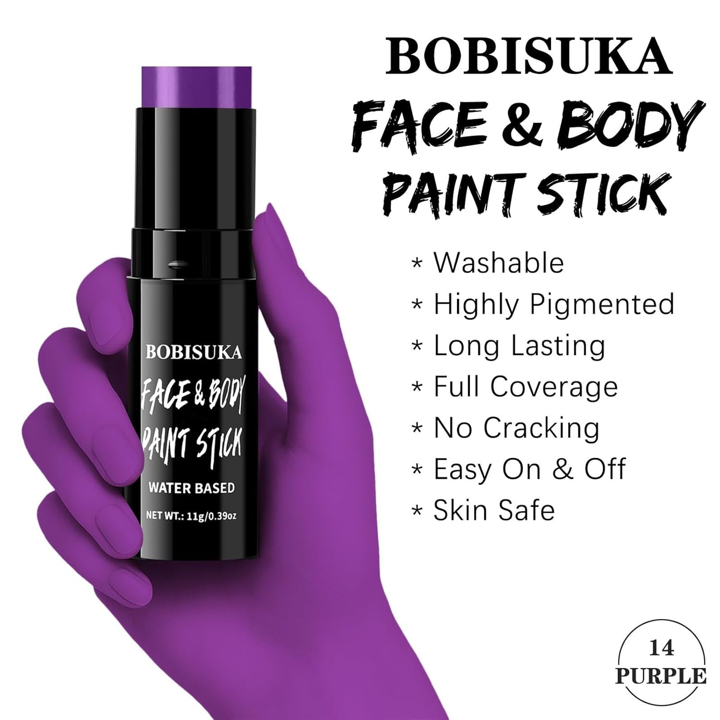 BOBISUKA Purple Face & Body Paint Stick Water-Based Washable Face Paint Makeup Stick for Halloween Witch, Zombie, Skull, Clown, Butterfly, Galaxy, Cosplay, SFX, Sports Eye Black & Costume Party