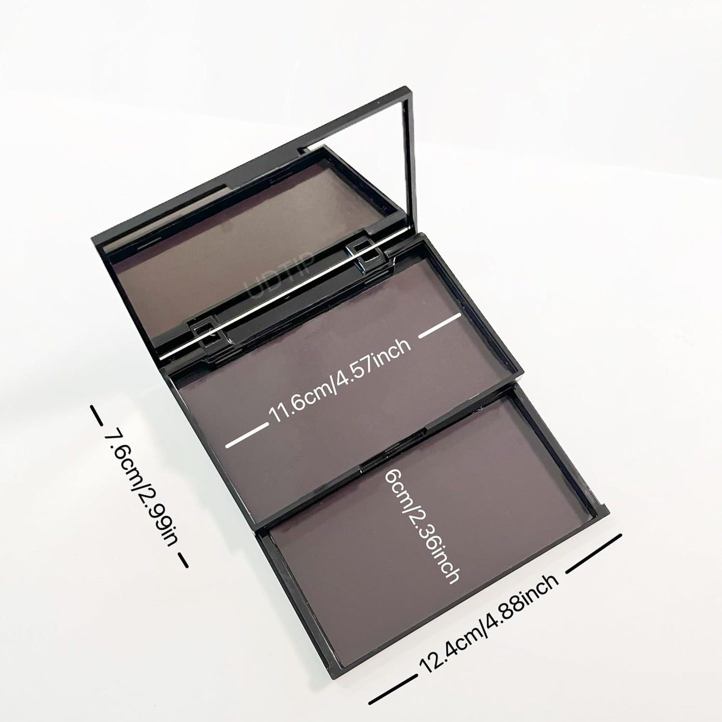 2-layer empty magnetic makeup palette with mirror, includes 20 adhesive metal sticker for storing eyeshadow or cosmetics. Compact and portable design measuring 4.88 x 2.99 inches, Black