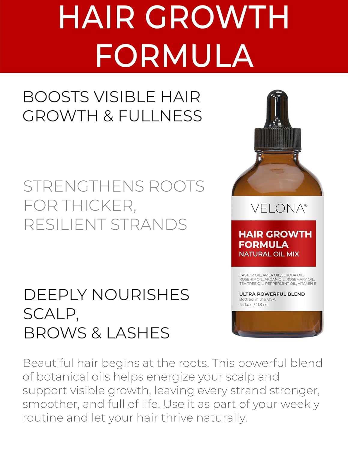 velona Hair Growth Formula - 4 oz | Castor, Amla, Jojoba, Argan, Rosemary, Peppermint, Tea Tree Oils, Vitamin E | Natural Mix with Organic Carrier and Essential Oils