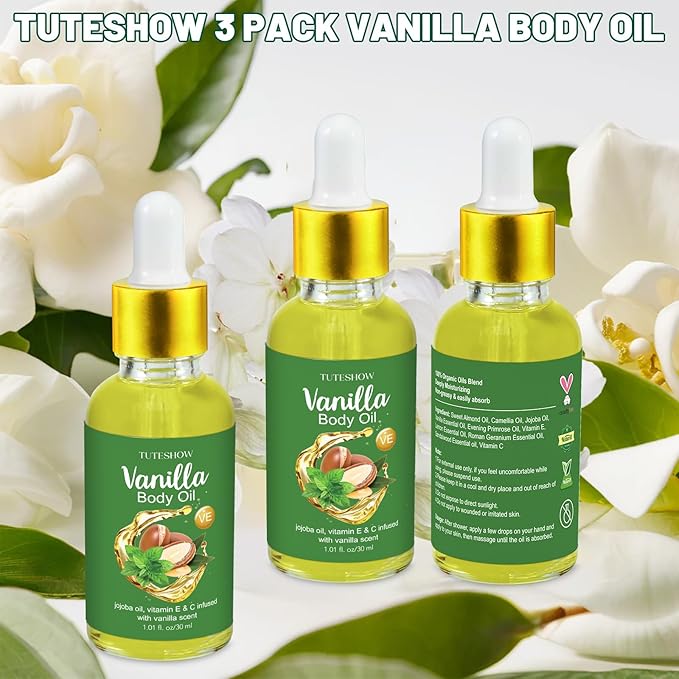 3 Pack Vanilla Body Oil Scented, Jojoba Oil and Vitamin E & C Infused Body Oils for Women after Shower, Highly Moisturize and Rejuvenate, Easily Absorb, Travel Size 1.01 fl.oz/30 ml