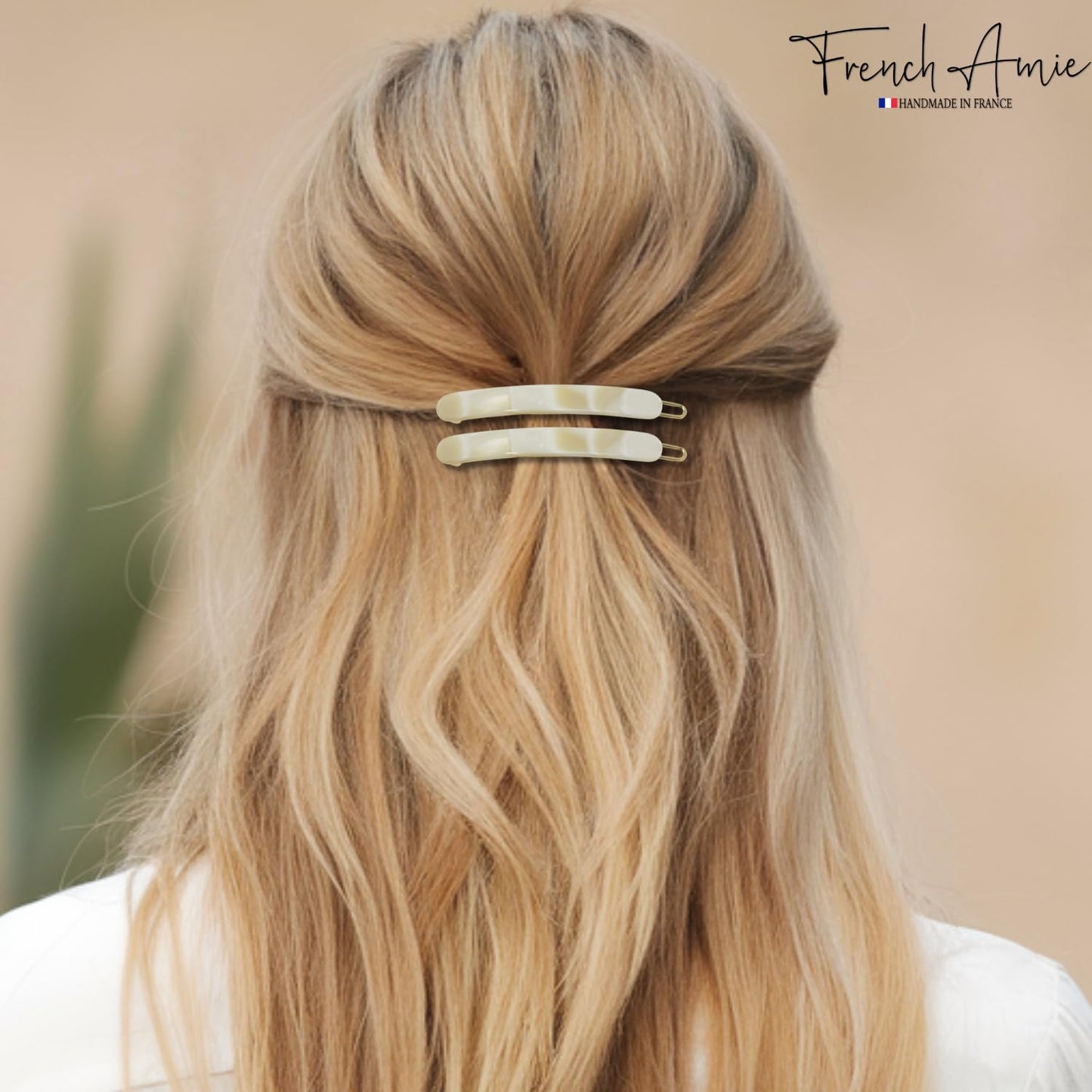 French Amie Rounded Oblong Small 2.5" Cellulose Set of 2 French Hair Clips Tige Boule Handmade Girls Side Slide-in Hair Barrette Clip (Cream Ivory)