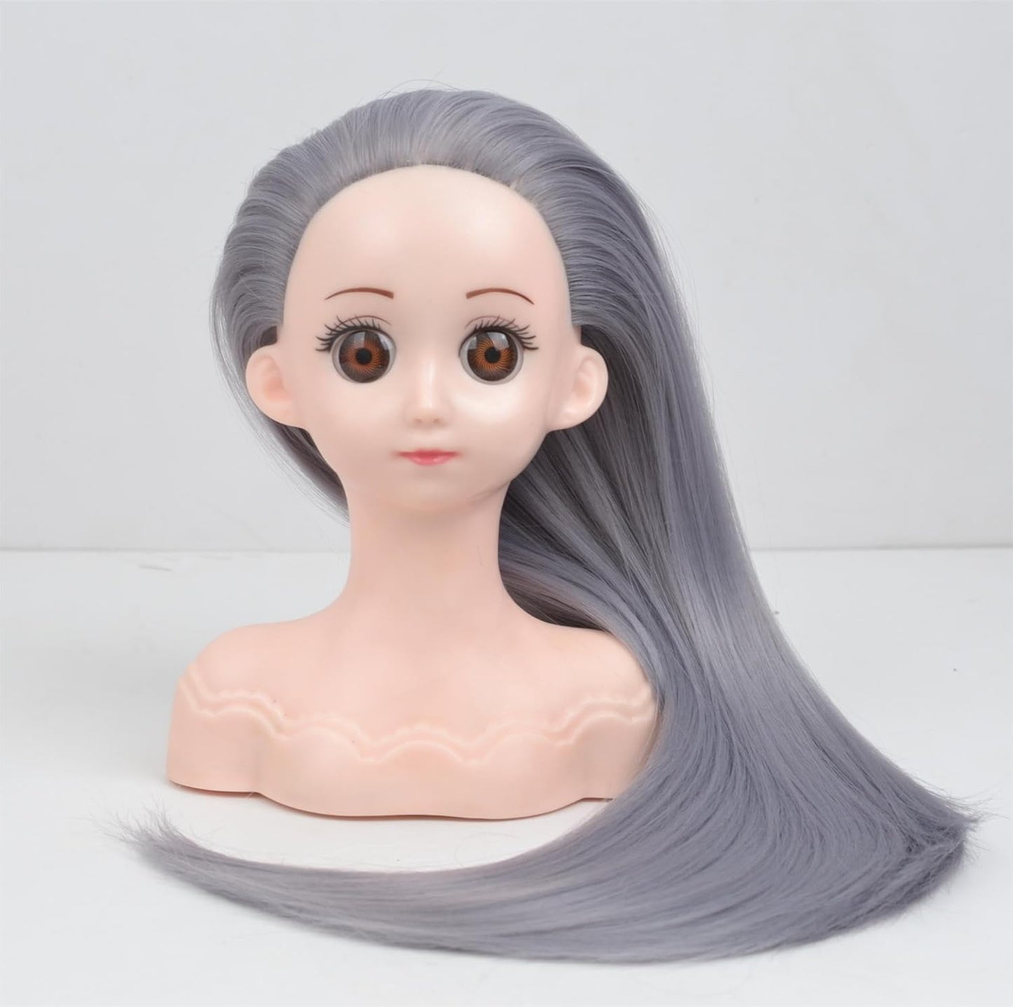 Small Doll Head For Hair Styling,Mini Synthetic Mannequin Head,Doll Head With Clamp Holder & Tools, Practice Doll Head For Hair Braiding,Styling and Cutting with Two Bows (Grey)