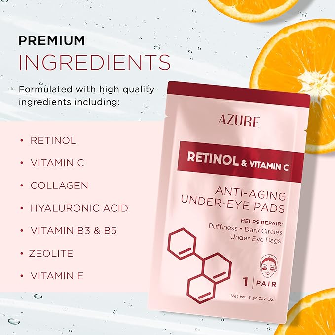 Azure Cosmetics Retinol & Vitamin C Anti Aging Under Eye Pads - Hydrating & Refreshing Eye Mask Patches - Reduces Fine Lines, Wrinkles, Dark Circles & Puffiness - Skin Care Made in Korea - 5 Pairs