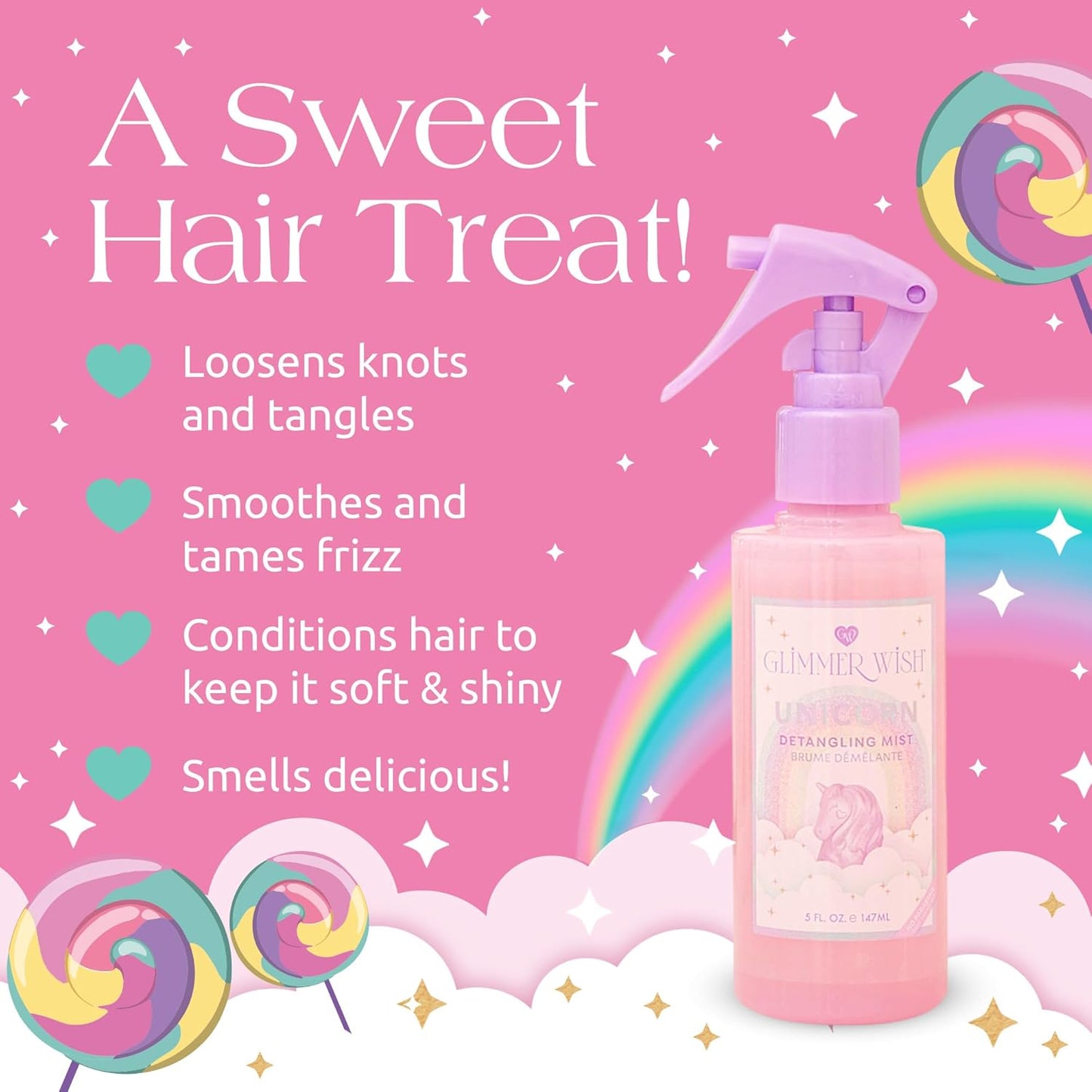 Glimmer Wish Unicorn Hair Detangler Spray – Leave-In Conditioner for Kids & Women, Tangle-Free Detangling Mist, 5 fl oz