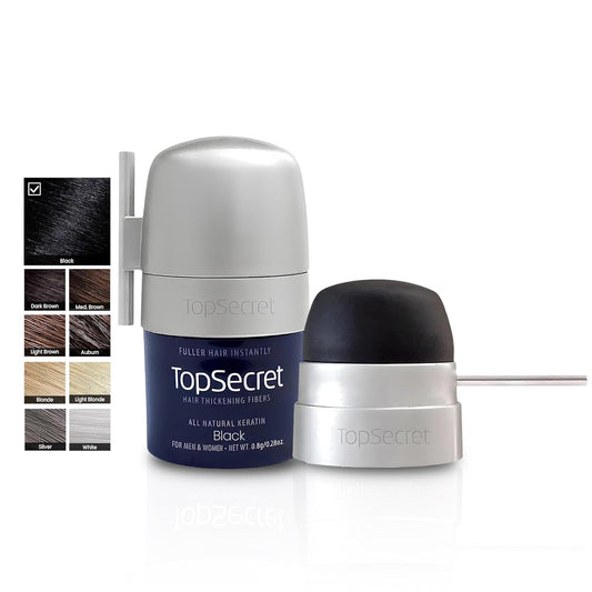 Top Secret Hair Thickening Building Fibers Applicator Included - Undetectable & Natural Hair Filler for Men & Women - Instantly Fill In Fine Thinning Hair - Weather & Sweat Resistant (Black, Travel)