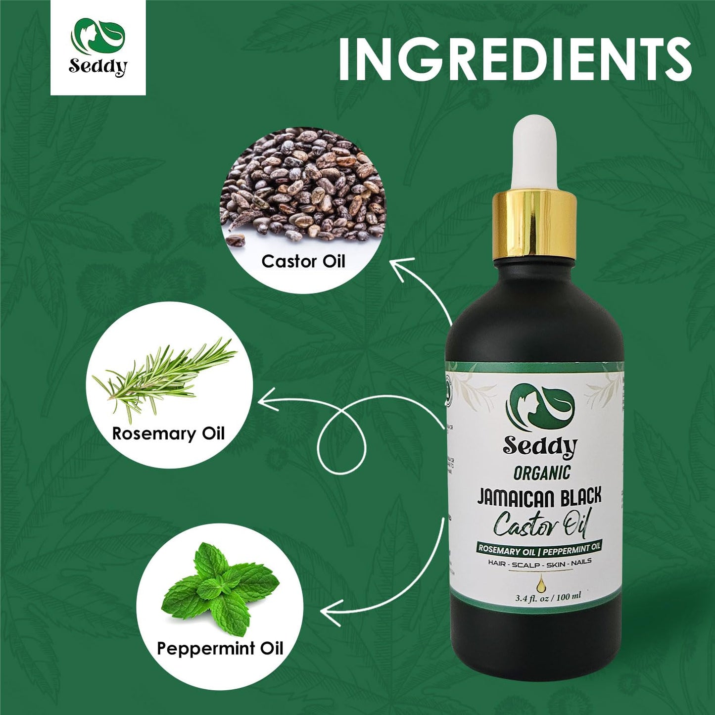 Seddy Organic Jamaican Black Castor Oil - with Rosemary & Peppermint in Glass Bottle - Cold Pressed | Hexane-Free | Promotes Hair Growth | Strengthens Hair | Hair Treatment Oil - 3.4 Fl. Oz