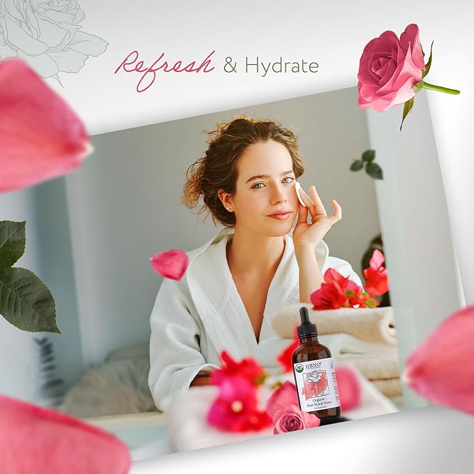 HBNO California Bottled Organic Rose Water for Face 4 fl oz (120ml) - USDA Certified Organic Rose Water Spray for Face - Pure Rose Water for Hair - Rosewater Face Mist, Rose Water Spray for Cleansing