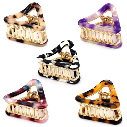 Cobahom 5 Pcs 1.7 Inch Small Claw Clips Acetate Hair Jaw Clips for Thick Hair Fashion Hollow Triangle Hair Claws for Women Girls (Light Leopard+Red+Deep Leopard + Black and White + Purple)