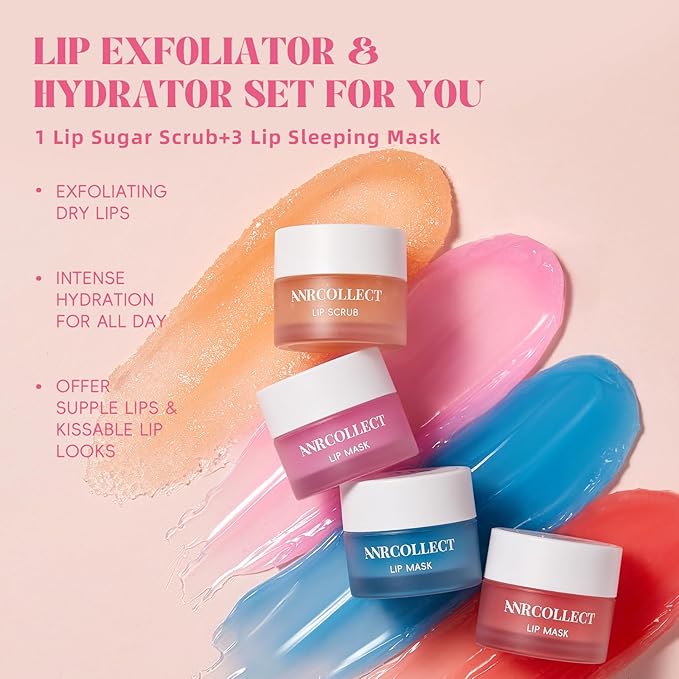 Lip Mask Set, 1 Lip Scrub +3 Overnight Lip Mask, Lip Glowy Balm and Scrub for Women, Exfoliating and Hydrating Dry, Chapped, Crack Lips, 4 Pack Lip Skincare Gift Set