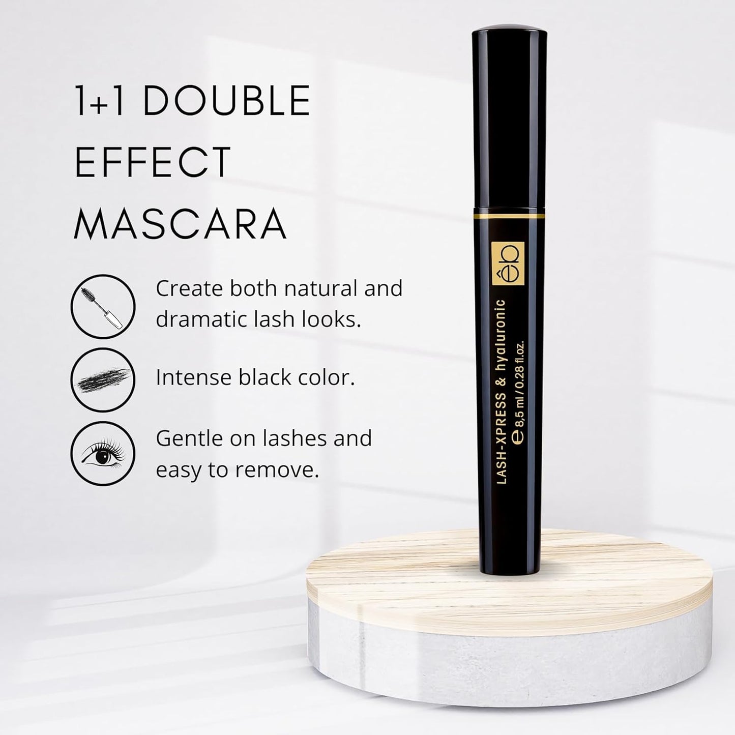 êb être belle Cosmetics 1+1 Double Effect Mascara for Women, 2 in 1 Long Lasting Mascara for Volumizing, Lengthening & Curling, Formula with Keratin, Intense Black Color, Easy Removal