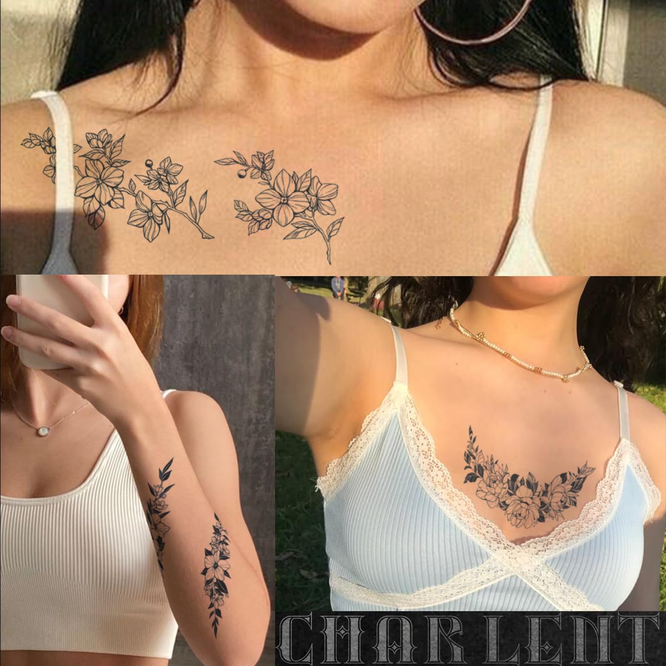 CHARLNET 5 Sheets Flower Semi-Permanent Tattoos for Women - 2 Weeks Long Last Rose Fake Tattoos for Women Arm Body/Fades Naturally/No Reflection/Waterproof/Realistic
