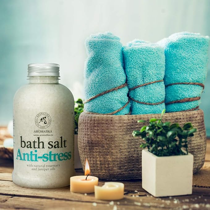 De-Stress Bath Salt 21.16 Oz w/Natural Rosemary & Juniper Oils - Natural Bath Sea Salts 600g - Best for Good Sleep - Relaxing - Calming - Body Care - Beauty - Aromatherapy