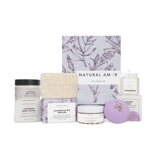 Natural Amor 5-Piece Lavender Spa Gift Set – Bath Bomb, Body Butter, Bar Soap, Bath Salt, Candle – Relaxing Self Care Kit for Women – Gift Box for Birthday, Thank You, Get Well