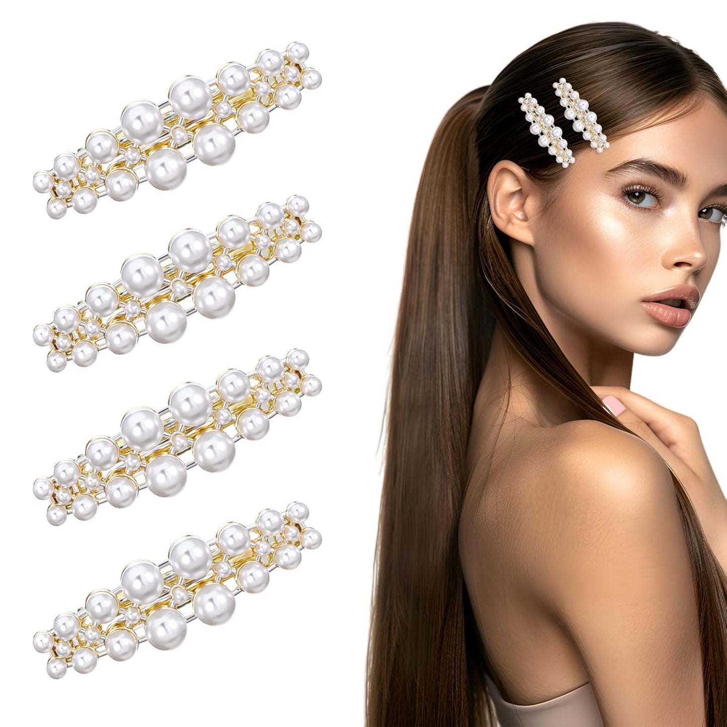 4 Pcs Pearl Barrettes for Women Small Pearl Hair Clips Elegant Accessories French Hair Jewelry Accessories for Ladies Mother Wedding Party Birthday Festival Gifts 2.2 × 0.66 Inch White