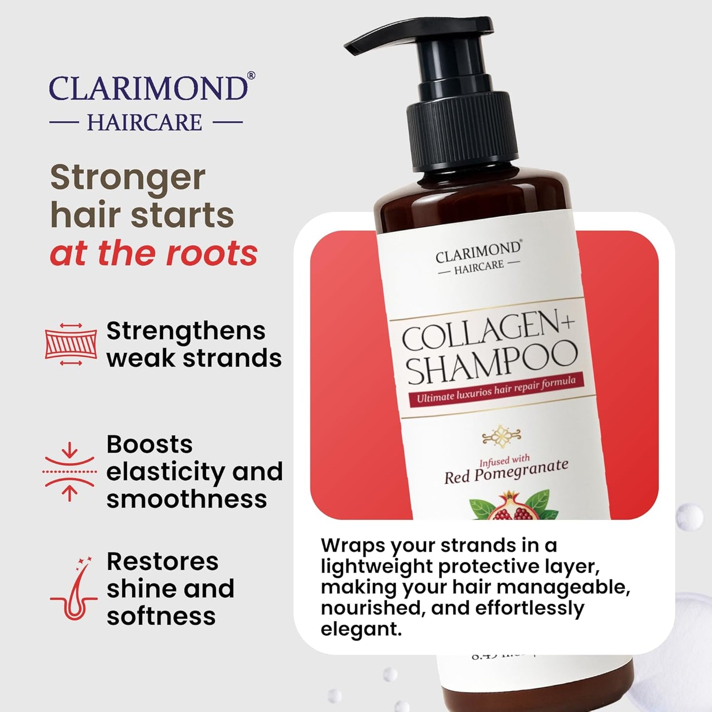 CLARIMOND Collagen Booster Hair Loss Treatment | Vitamin E Growth Shampoo | Hair Growth Vitamins for Curly, Thick, or Fine Hair | UV Protection | Hydrating & Strengthening | Paraben & Sulfate Free