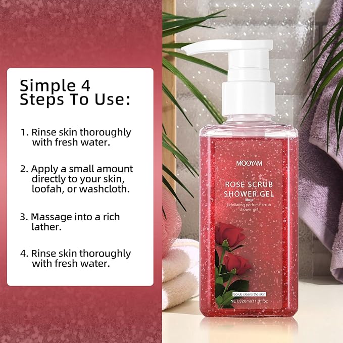 2-in-1 Body Wash & Body Scrub Rose (11.3fl.oz), Gentle Exfoliating Scrub for Deep Cleansing, Effective on Acne & Dead Skin, Brighten & Moisturize Skin Polishes