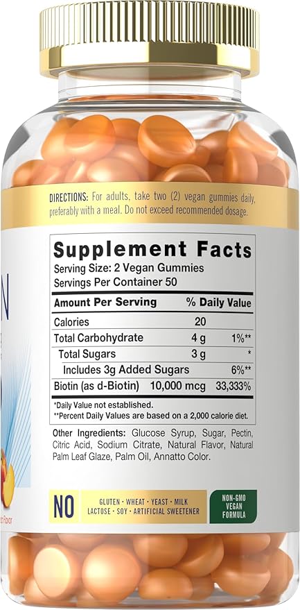 Carlyle Biotin 10000mcg Gummies | 100 Count | Peach Flavor Supplement | Vegan, Non-GMO, Gluten Free