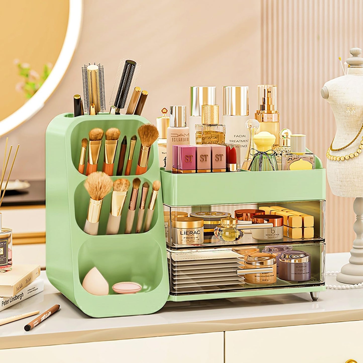 Makeup Organizer with Drawers,Large Capacity Countertop Organizer for Vanity,Bathroom and Bedroom Desk Cosmetics Organizer,Easy To Storage Skincare,Brushes,Lotions,Lipstick (Green)