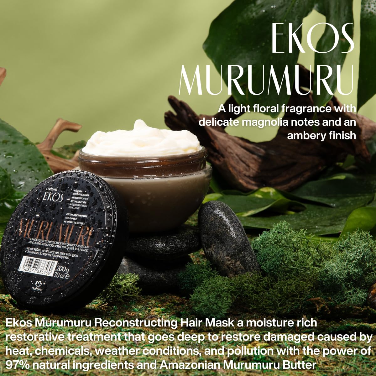 natura Ekos Murumuru Reconstruction Hair Mask - Reduce Breakage & Rebuild Hair Fiber - Intensely Repairs & Protects From Damage -Deep Hydration - Vegan & Cruelty-Free Hair Care - 200g