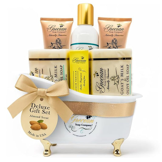 Deluxe Gift Basket for Women - 6pcs Goat Milk & Olive Oil Skin Care Set, Birthday Gifts, Spa Gift, Bridal Shower Gifts, Gifts for Mom, Almond Scent, Handmade in the USA