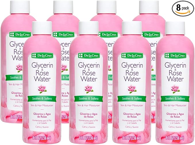 De La Cruz Rose Water and Glycerin for Face - Rosewater Facial Toner and Moisturizer for Skin and Hair 8 fl oz (236 mL) - 8 Bottles