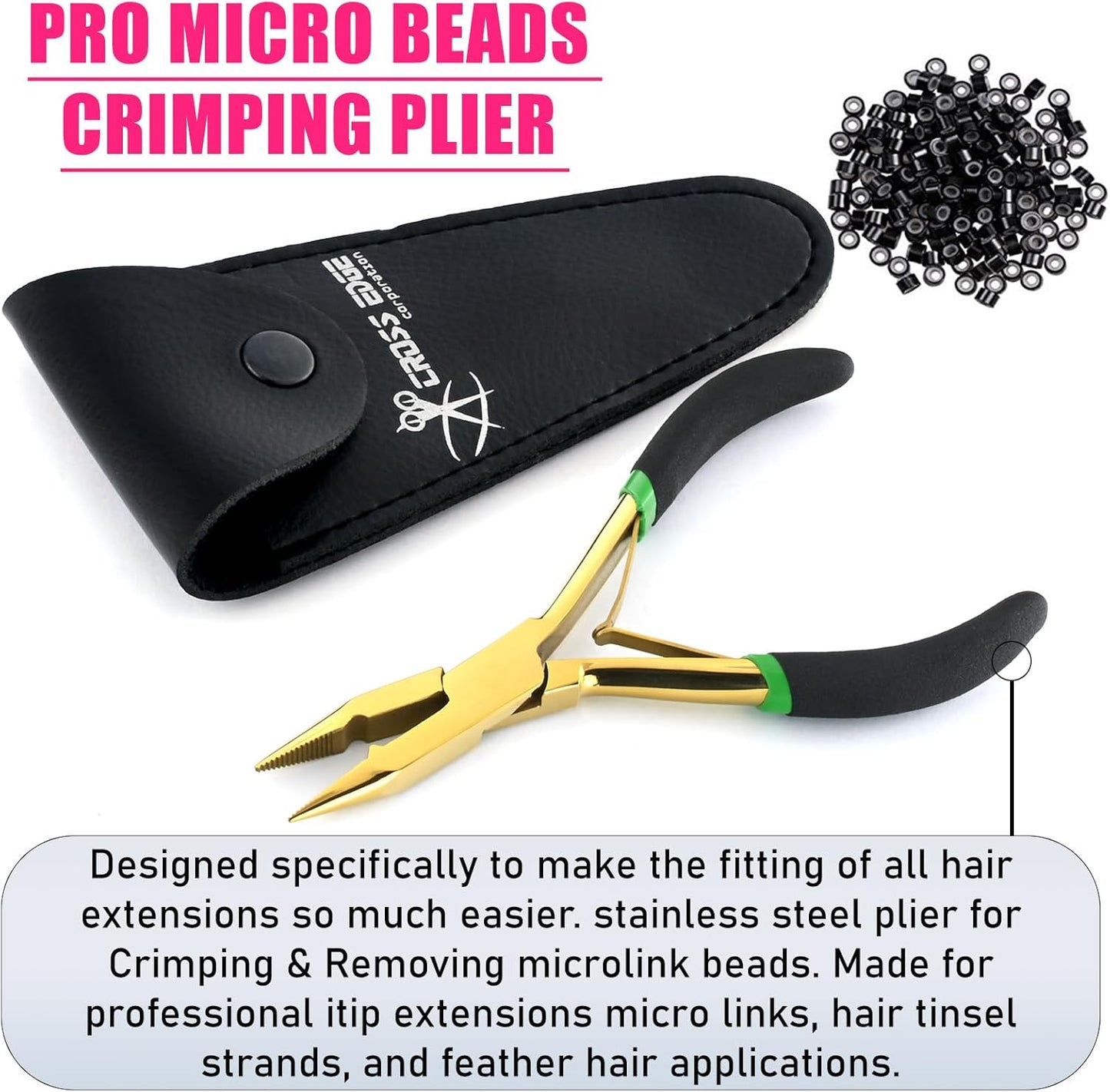 Professional Hair Extension Tools Microlink Bead Remover Plier for Hair Extensions Removal Micro Ring Beads Opener 5.5 Inch Pliers Silver Polish Stainless Steel (Gold Black Foam Applicator)